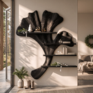 Ginkgo Leaf Solid Wood Wall Shelf with Sculptural Branch Display Design