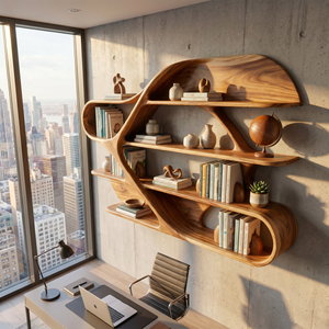 Organic Solid Wood Wall Bookshelf with Sculptural Open Shelves