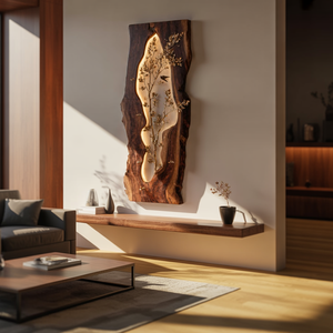 Illuminated Live Edge Wood Wall Art with Botanical Metal Inlay