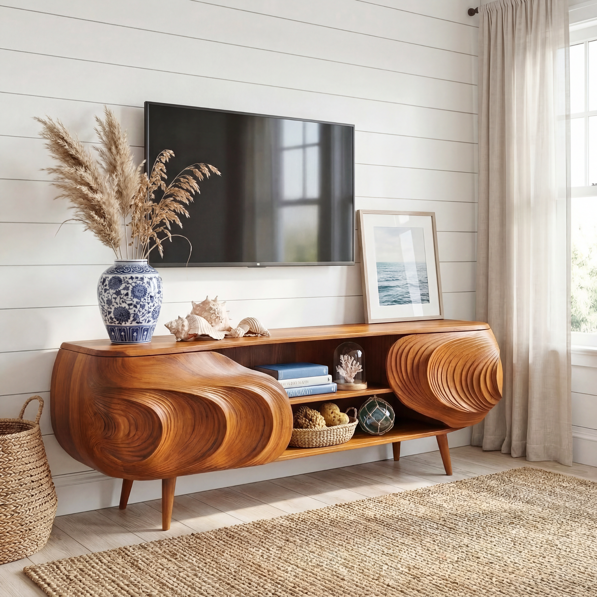 Sculptural Wood TV Cabinet with Carved Organic Front, Modern Media Console for Luxury Living Rooms