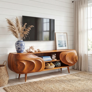 Sculptural Wood TV Cabinet with Carved Organic Front, Modern Media Console for Luxury Living Rooms