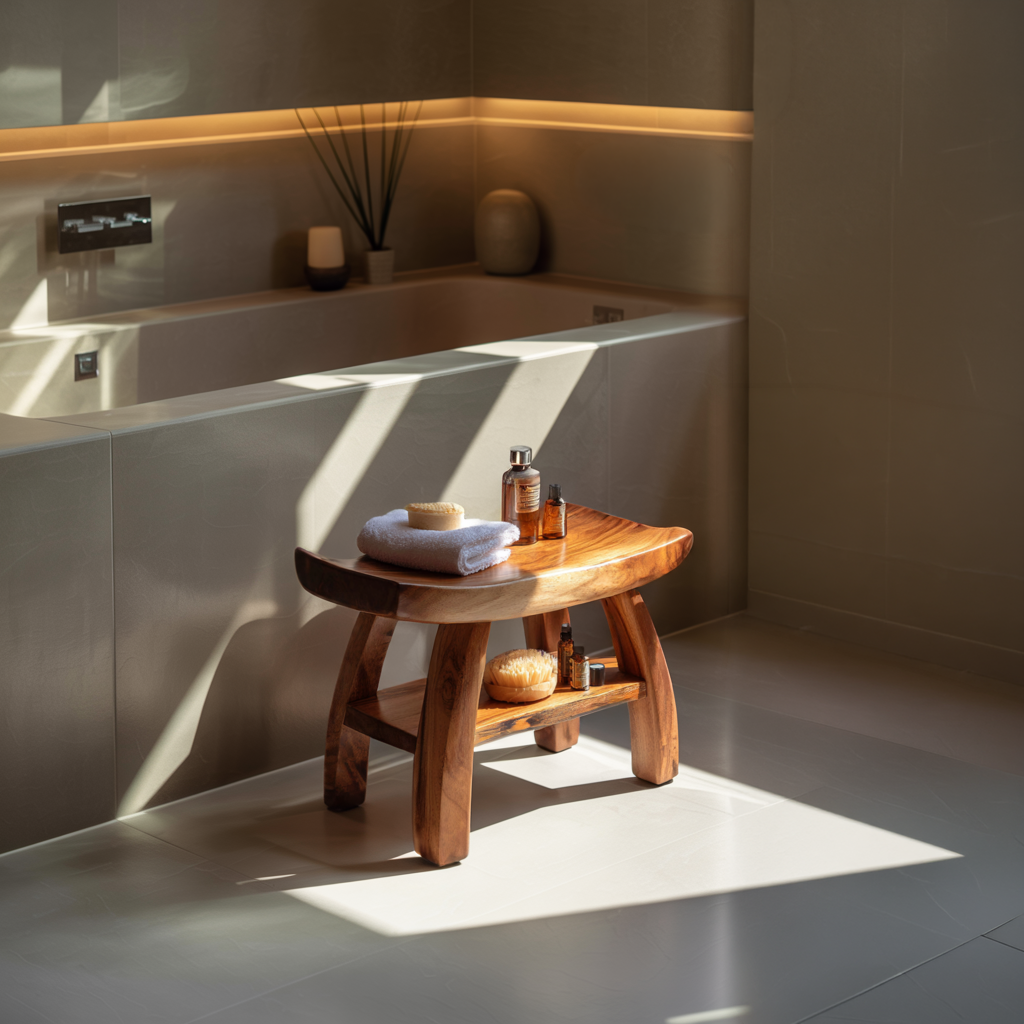 Organic Solid Wood Bath Bench with Storage Shelf