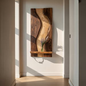 Two-Tone Sculpted Solid Wood Wall Art with Floating Shelf