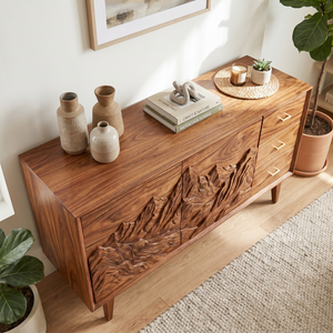 Handcrafted Solid Wood Mountain Carved Sideboard with Drawers and Cabinet Storage