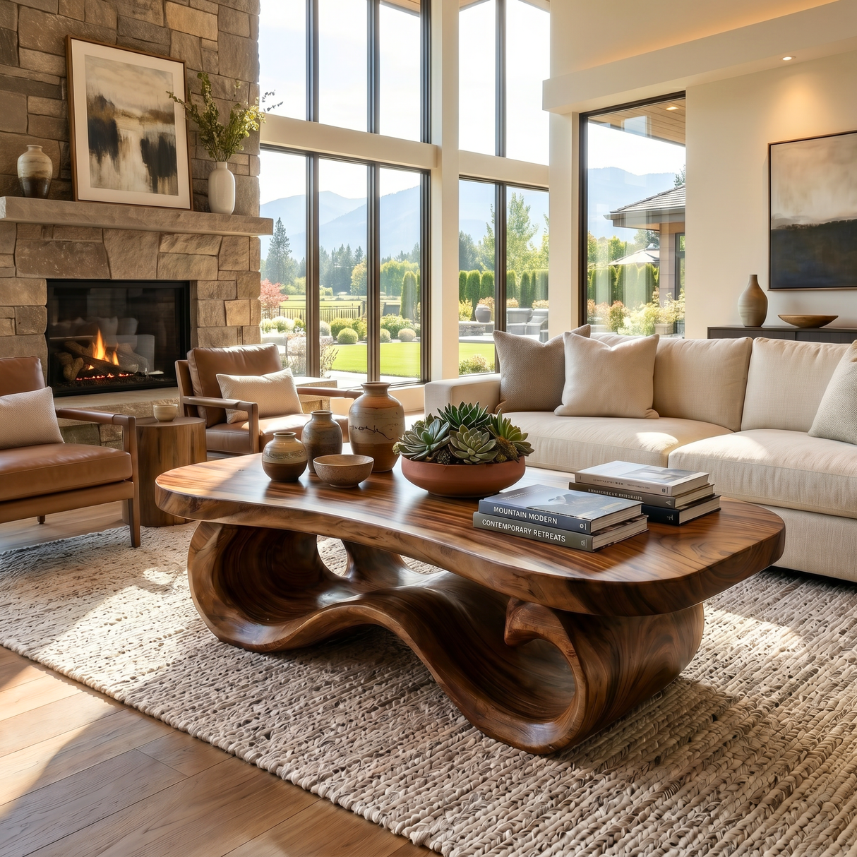 Modern Solid Wood Coffee Table with Sculptural Wave Base and Rounded Top