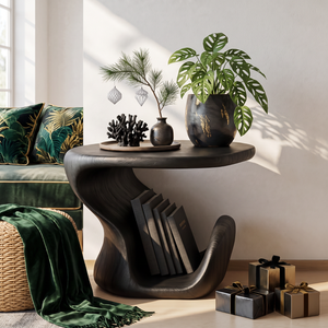 Sculptural Solid Wood Side Table with Curved Vinyl Record Storage