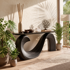 Console Table Solid Wood with Sculptural Wave Loop Base and Dark Top