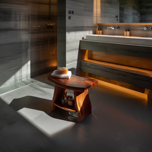 Solid Wood Bath Stool with Sculpted Top and Shelf