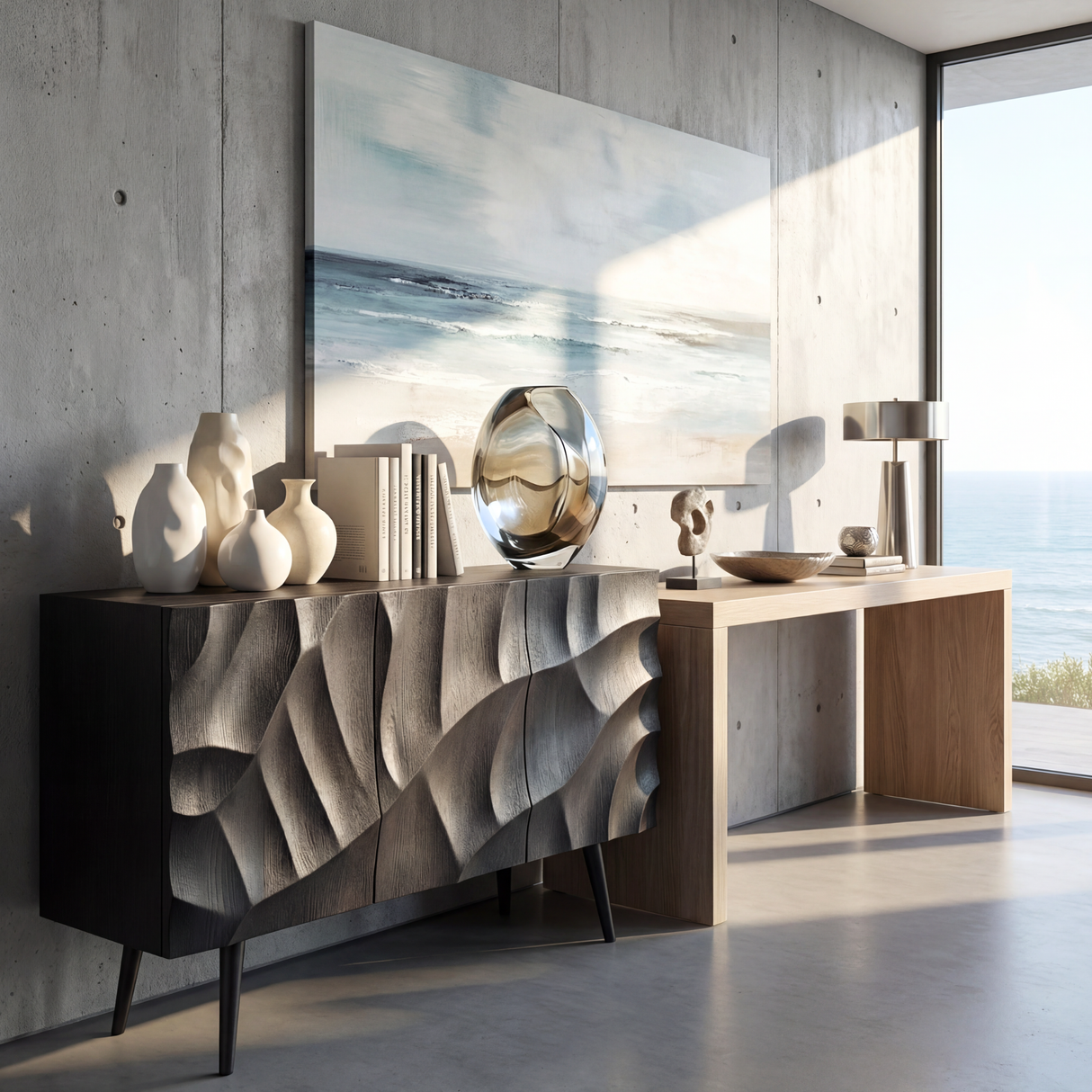 Black Sculpted Wave Front Sideboard for Modern Living and Dining