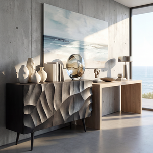 Black Sculpted Wave Front Sideboard for Modern Living and Dining
