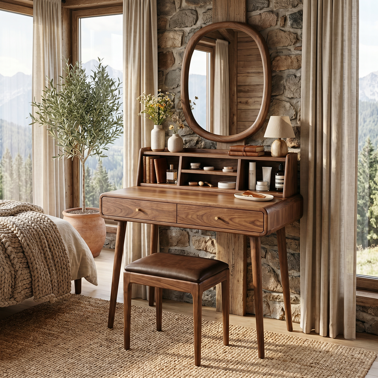 Handcrafted Solid Wood Vanity Desk with Open Organizer Shelf and Drawer Storage