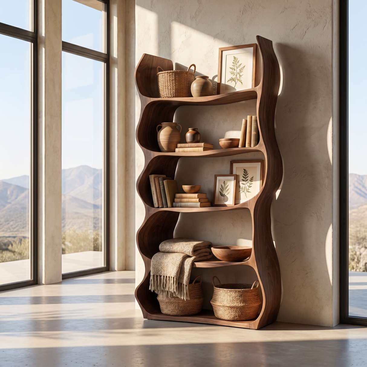 Organic Wavy Bookshelf Handmade Sculptural Wooden Display Shelf Modern Storage Unit