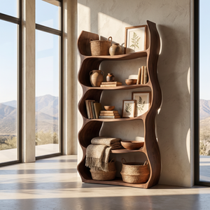 Organic Wavy Bookshelf Handmade Sculptural Wooden Display Shelf Modern Storage Unit
