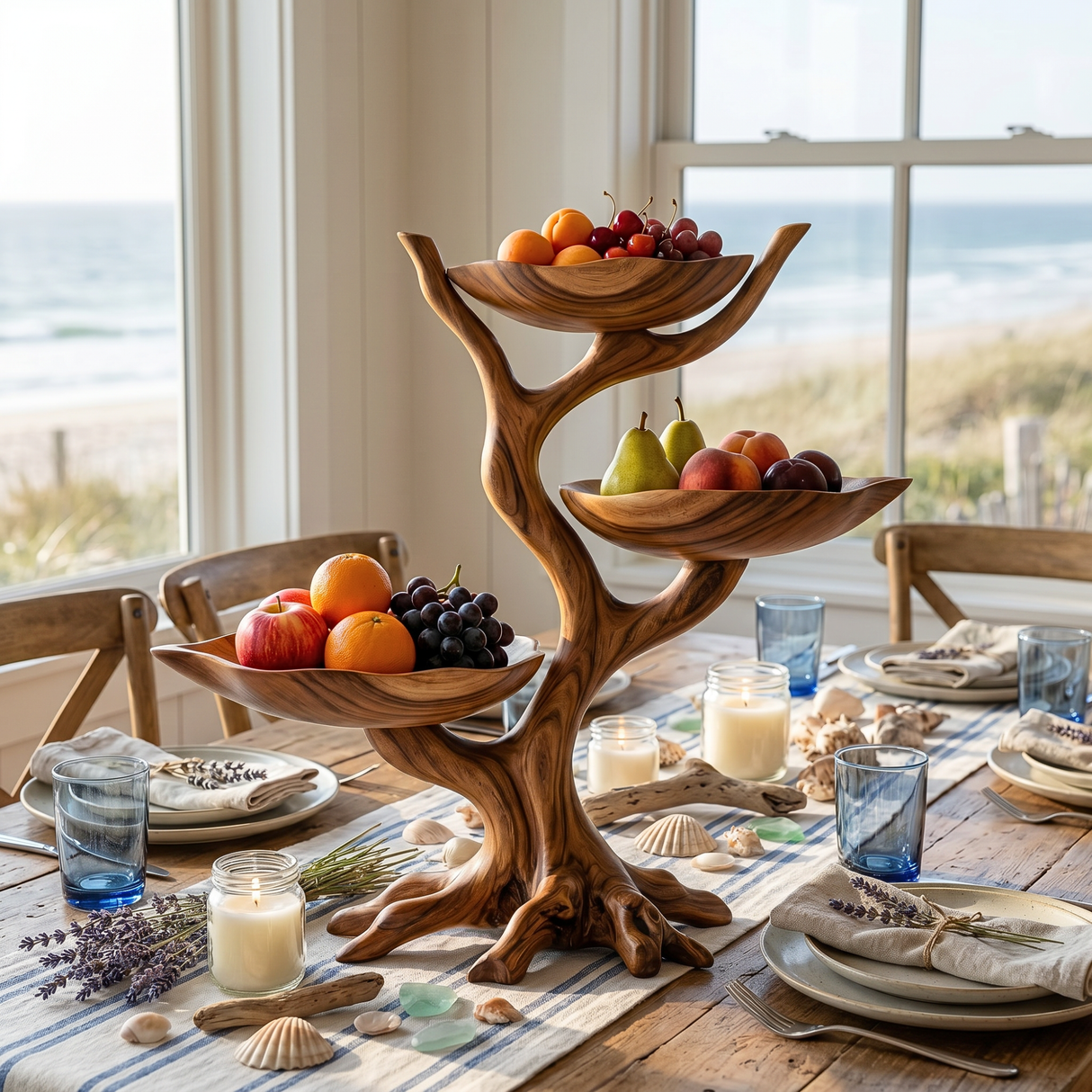 Solid Wood Tree-Shaped Fruit Stand with Triple Floating Bowl Trays