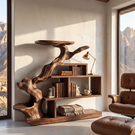 Sculptural Solid Wood Bookshelf with Elevated Shelf Tree Form Organic Modern Display