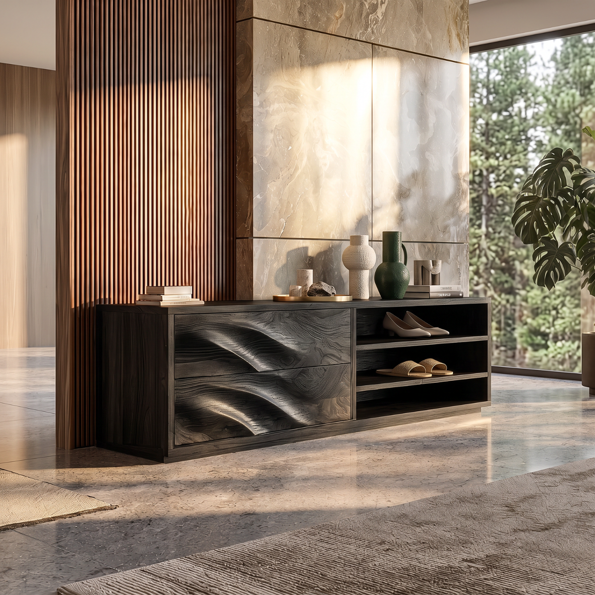 Modern Solid Wood Shoe Cabinet with Sculpted Drawers and Open Shelves