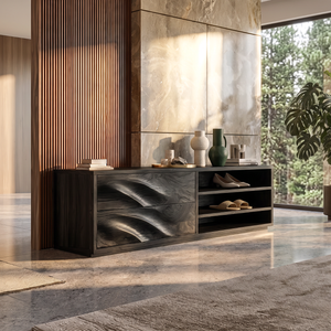 Modern Solid Wood Shoe Cabinet with Sculpted Drawers and Open Shelves