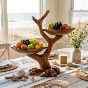 Organic Solid Wood Fruit Display Bowl with Branch Stand and Dual Leaf-Shaped Trays