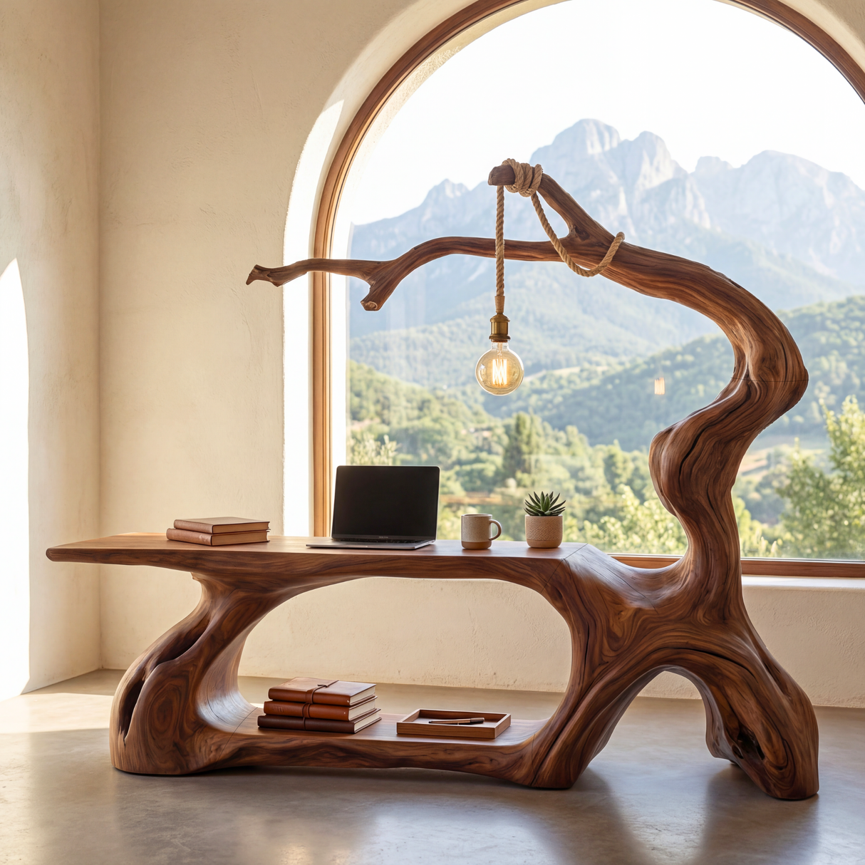 Solid Wood Desk with Hanging Light Tree Inspired Reading Table Organic