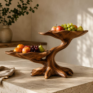 Sculptural Solid Wood Fruit Bowl with Two-Tier Organic Branch Base