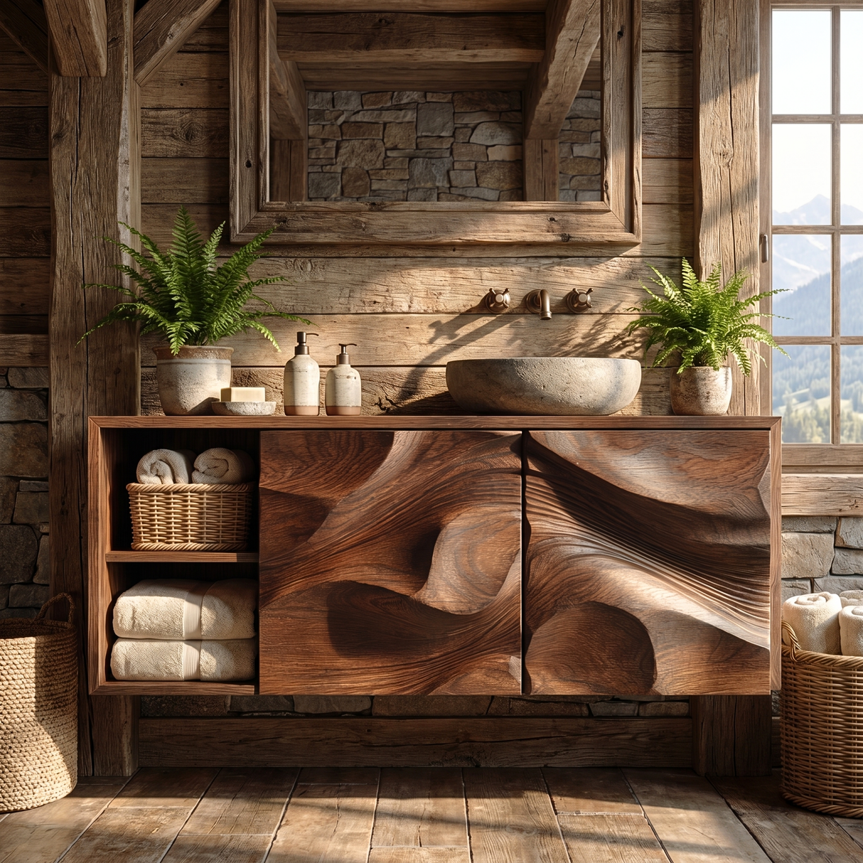 Abstract Carved Wood Bathroom Vanity Cabinet with Organic Relief Front