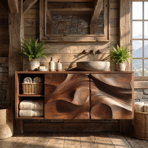 Abstract Carved Wood Bathroom Vanity Cabinet with Organic Relief Front