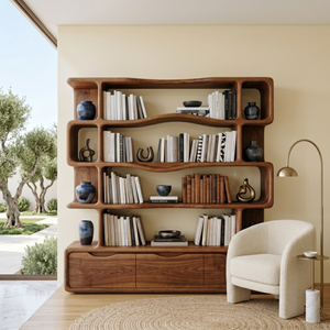 Solid Wood Bookshelf with Wavy Open Shelves and Storage Drawers