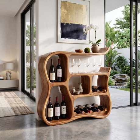Wine Cabinet Solid Wood with Organic Curved Compartments for Home Bar Storage