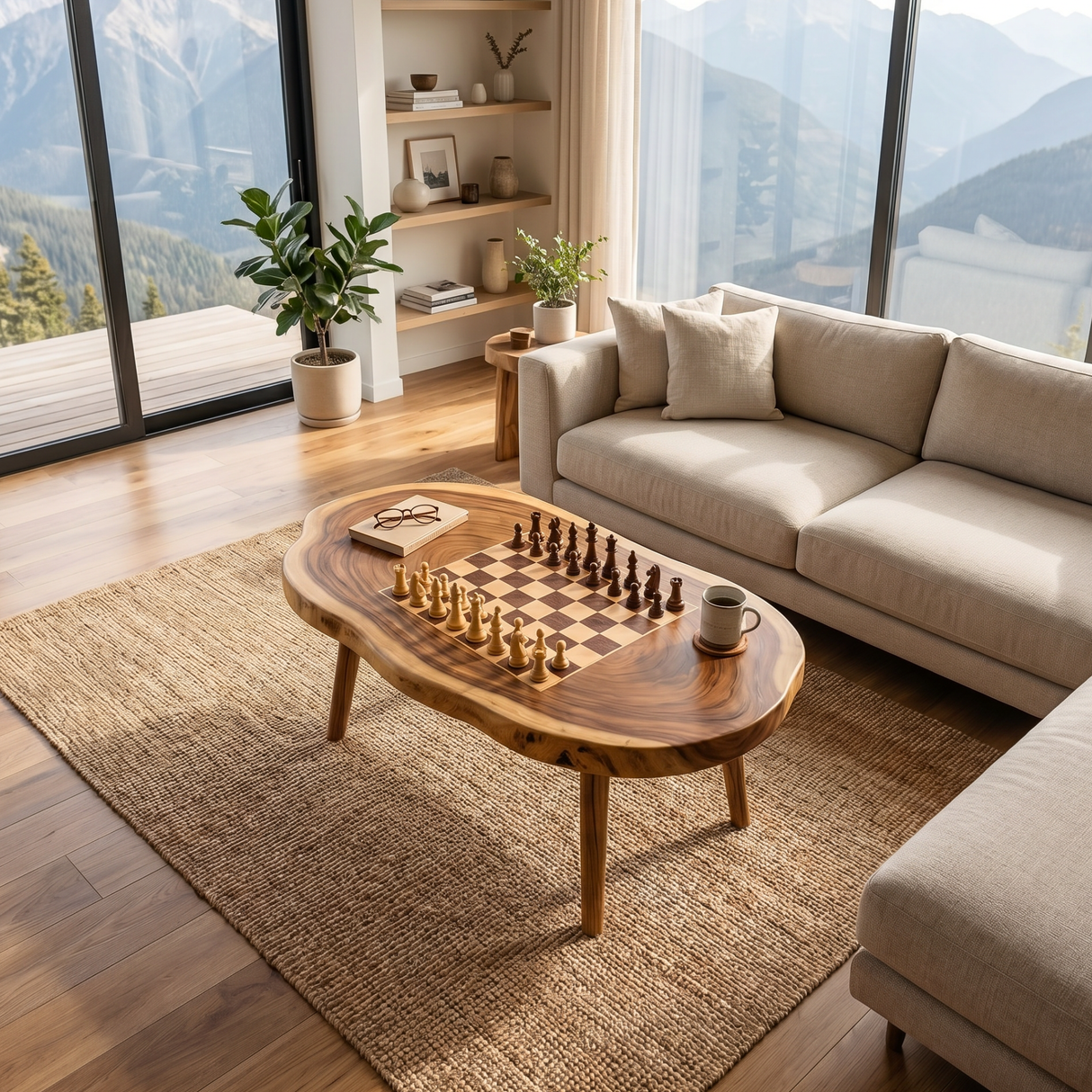 Handcrafted Solid Wood Oval Chess Coffee Table with Built In Board
