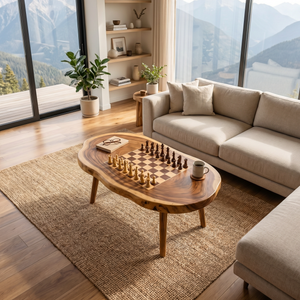 Handcrafted Solid Wood Oval Chess Coffee Table with Built In Board
