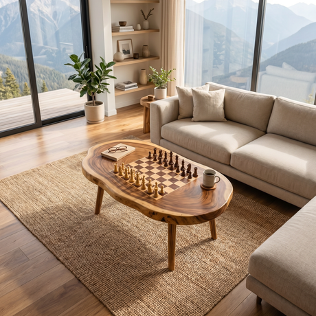 Handcrafted Solid Wood Oval Chess Coffee Table with Built In Board