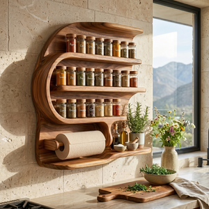 Sculptural Solid Wood Wall Spice Rack with Paper Towel Holder