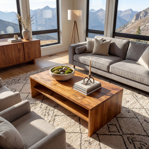 Solid Wood Rectangular Coffee Table with Open Shelf Storage