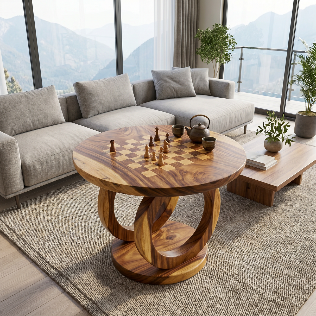 Handcrafted Solid Wood Round Chess Table with Sculptural Ring Pedestal