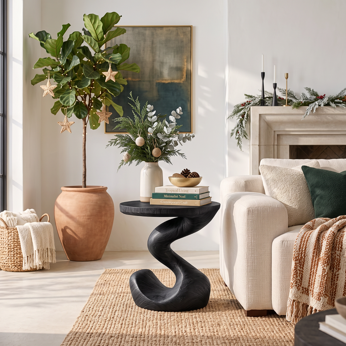 Sculptural Solid Wood Side Table with Flowing S Curve Base