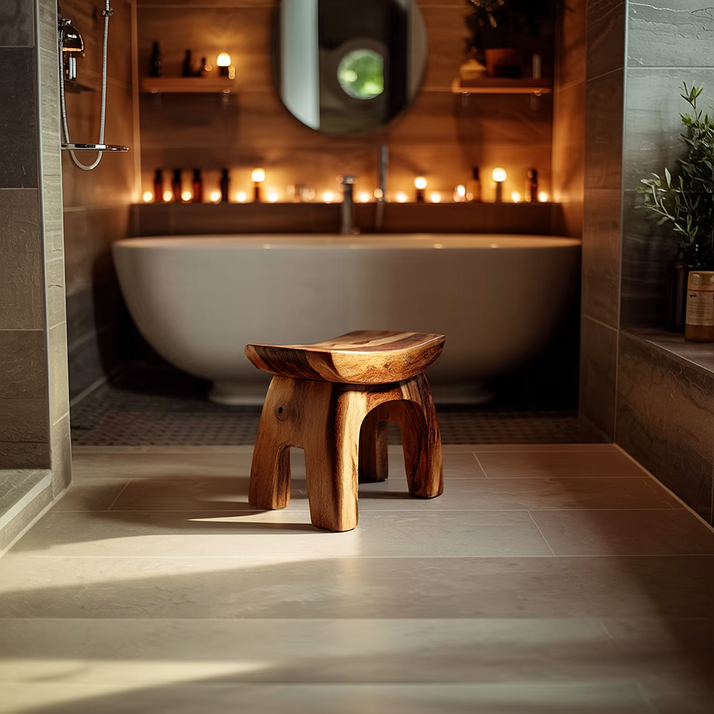 Compact Solid Wood Shower Stool in Organic Form