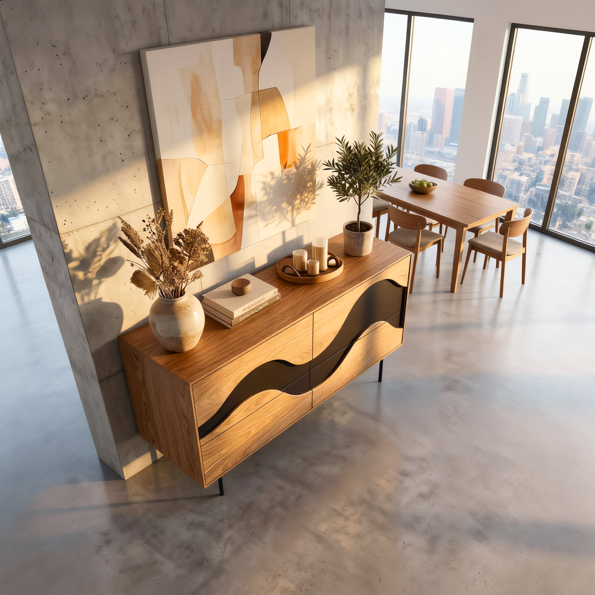 Architectural Wave Front Sideboard Cabinet, Modern Storage Credenza for Modern Interiors