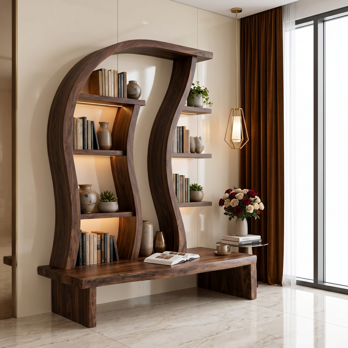 Organic Solid Wood Display Shelf with Curved Frame and Console Base