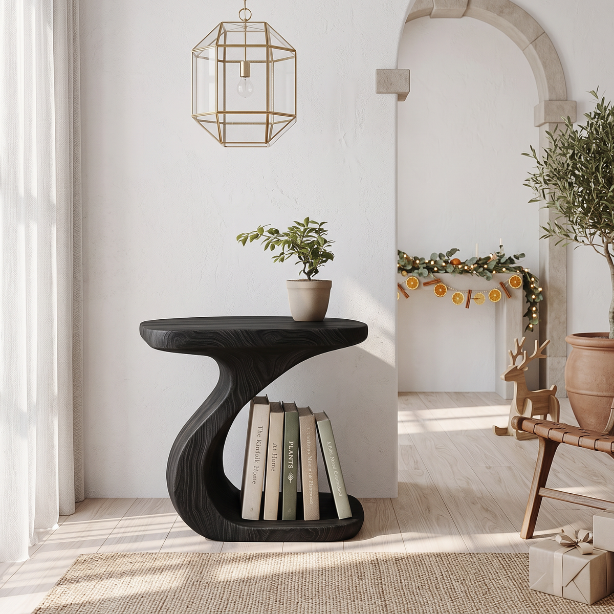 Sculptural Solid Wood Side Table with Built-In Book Storage