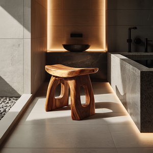 Sculpted Solid Wood Shower Stool with Open Arch Base