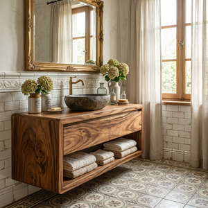 Minimalist Floating Solid Wood Bathroom Vanity with Seamless Organic Frame