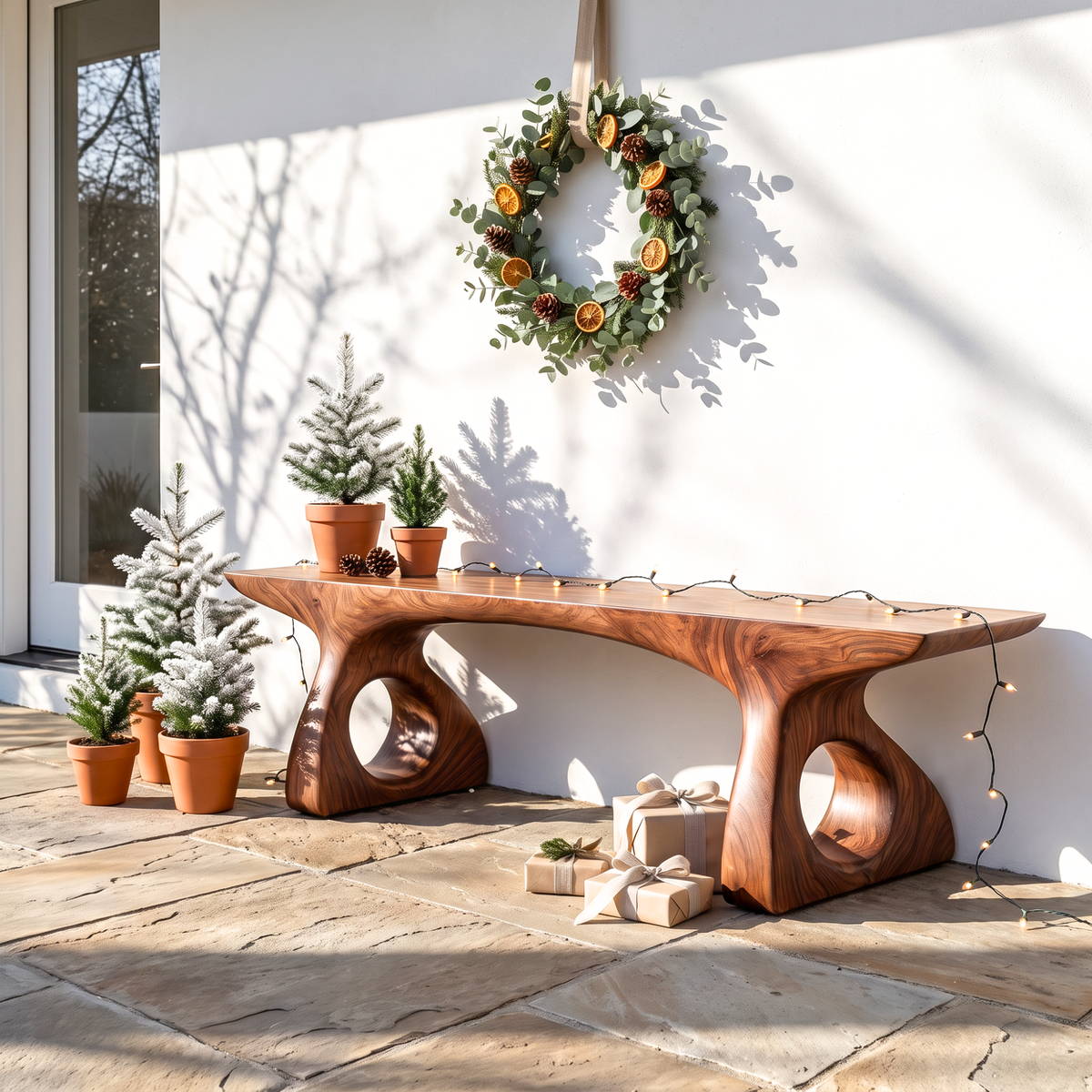Bench Solid Wood with Sculptural Loop Base and Flowing Live Edge Seat