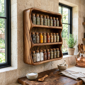 Handmade Solid Wood Kitchen Spice Rack with Rounded Box Frame and Triple Shelf Storage