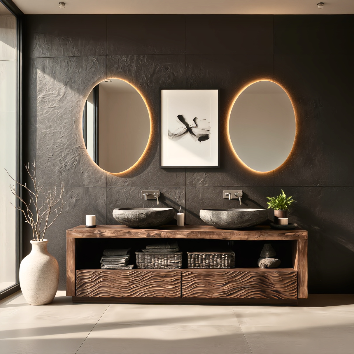 Wood Double Bathroom Vanity with Carved Wave Drawers and Open Shelf