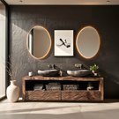 Wood Double Bathroom Vanity with Carved Wave Drawers and Open Shelf