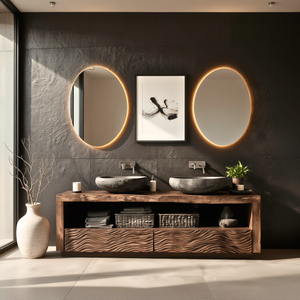 Wood Double Bathroom Vanity with Carved Wave Drawers and Open Shelf