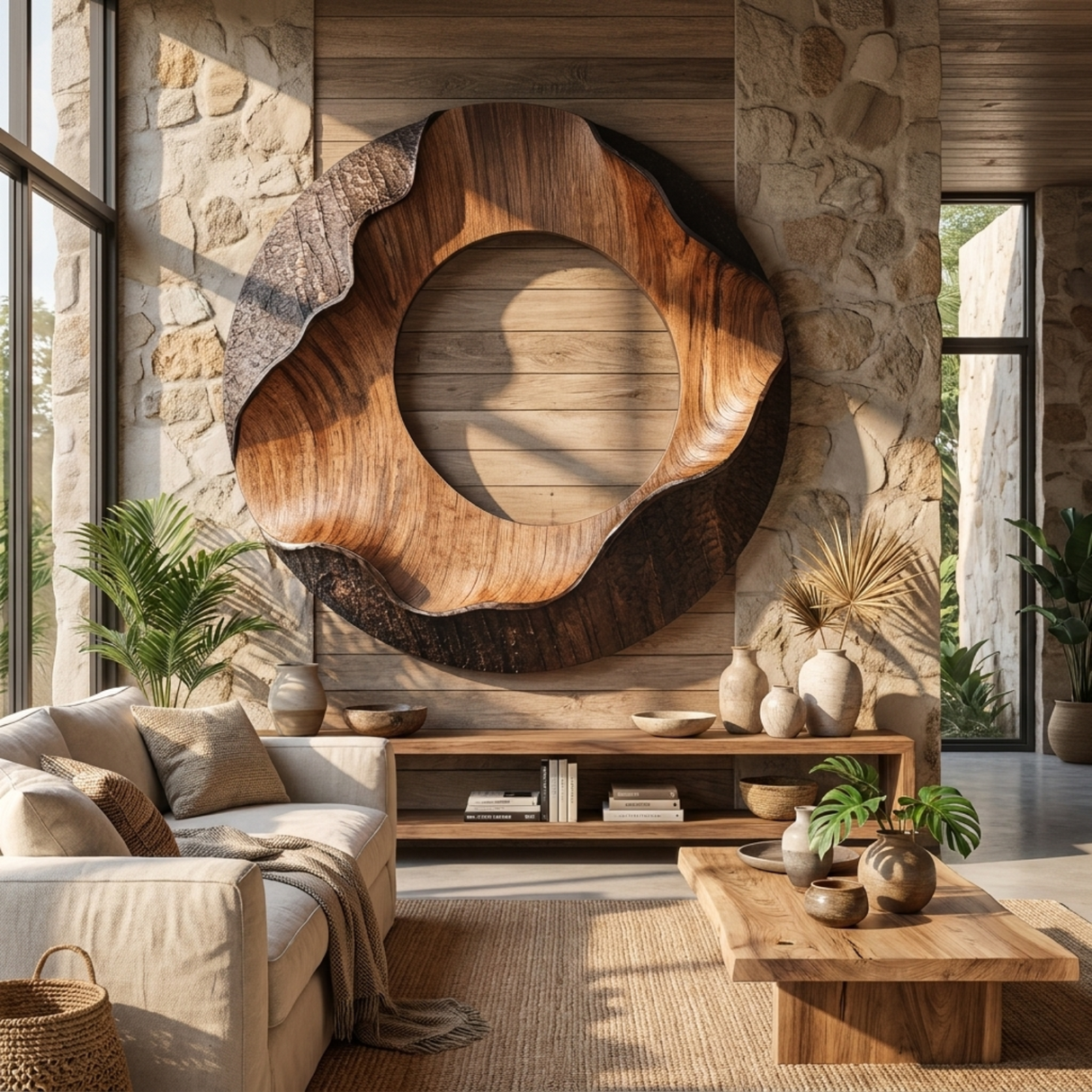 Solid Wood Circular Wall Sculpture with Flowing Organic Center