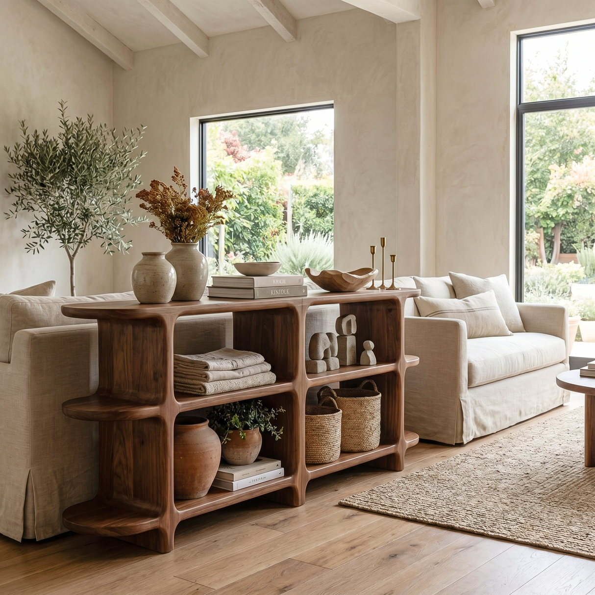 Handcrafted Solid Wood Organic Open Shelf Sideboard Console with Sculptural Curved Frame