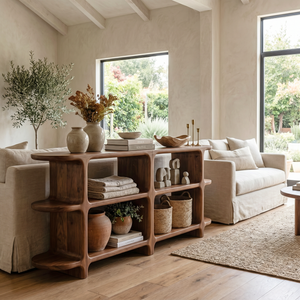 Handcrafted Solid Wood Organic Open Shelf Sideboard Console with Sculptural Curved Frame