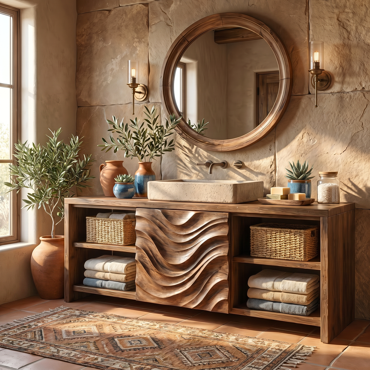 Solid Wood Bathroom Vanity with Wave Carved Center Panel and Open Shelf Storage
